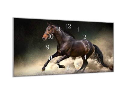 Nástěnné hodiny 30x60cm černý kůň v prachu (Materiál kalené sklo)