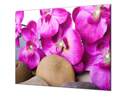 Ochranná deska květy orchideje a hnědý kámen (Lepení na zeď S lepením na zeď, Rozměr 70x70 cm)