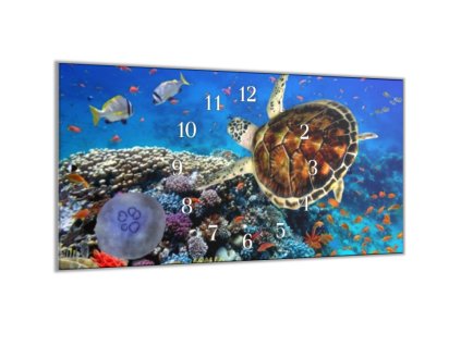 Nástěnné hodiny 30x60cm mořský svět (Materiál kalené sklo)