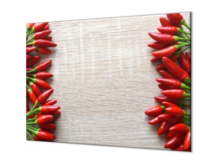 Ochranná deska řada chilli papriček na dřevě (Lepení na zeď S lepením na zeď, Rozměr 70x70 cm)