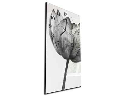 Nástěnné hodiny černobílý květ tulipán 30x60cm (Materiál kalené sklo)