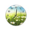 Nástěnné hodiny kulaté pr.30cm bílé kopretina na jarní louce (Materiál kalené sklo)