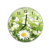 Nástěnné hodiny kulaté pr.30cm bílé kopretin na zelené louce (Materiál kalené sklo)
