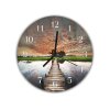 Nástěnné hodiny kulaté pr.30cm řeka v západu slunce a dřevěný most (Materiál kalené sklo)