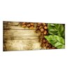 Obraz skleněný kávové zrna a list na dřevě (Rozměry-obdélník 90 x 120 cm)