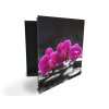 Glasdekor skříňka na klíče - fialový květ orchideje na černém kameni (Barva skříňky Černá, Otevírání Pravé)