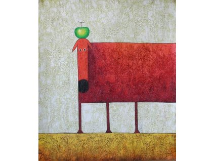 Obraz - Červený pes s jablkem (Rozměr 50 cm x 40 cm)