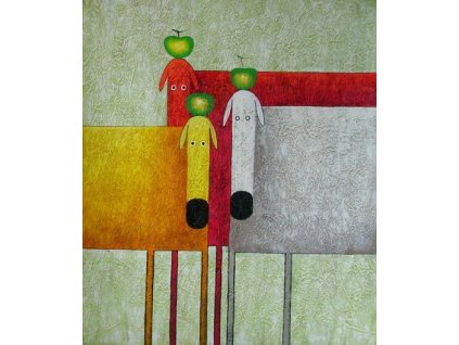Obraz - Tři psi a tři jablka (Rozměr 50 cm x 40 cm)
