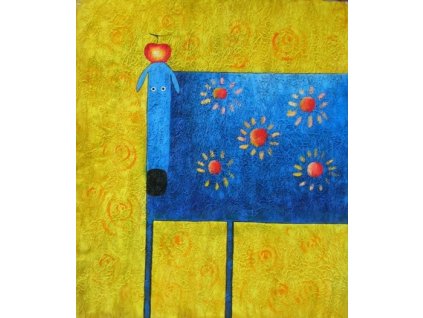 Obraz - Modrý pes s jablkem (Rozměr 50 cm x 40 cm)