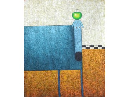 Obraz - Světle modrý pes s jablkem (Rozměr 50 cm x 40 cm)