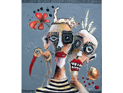 Obraz Art brut postavy se psem 70×80 cm