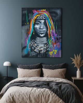 Moderní portrét ženy, která neztrácí svou sílu ani v chaosu barev. Královna barev je výrazný ručně malovaný obraz z Bali,...