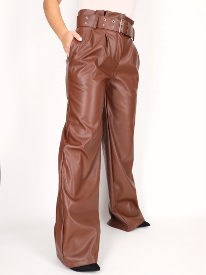 Camel hnedé koženkové podšité nohavice s vysokým pásom 2000105 1 3