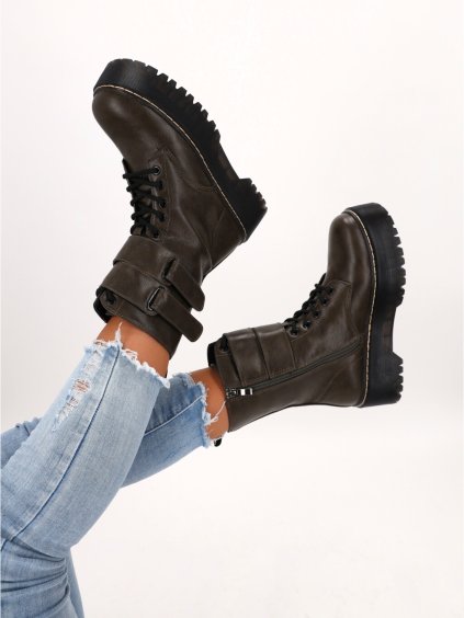 ARMY ZELENÉ DÁMSKE KOŽENÉ WORKERY NA PLATFORME XX-02
