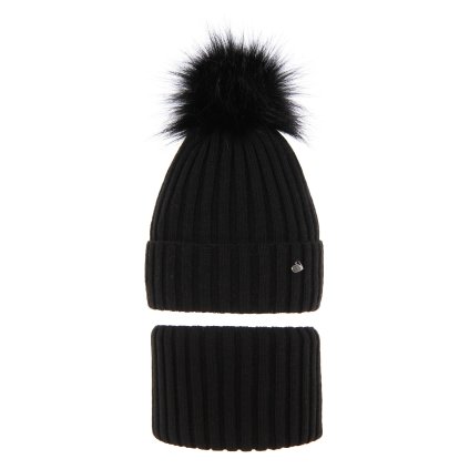 Zimná čiapka s huňatým brmbolcom a nákrčníkom (Veľkosť UNI, Farba Čierna)
