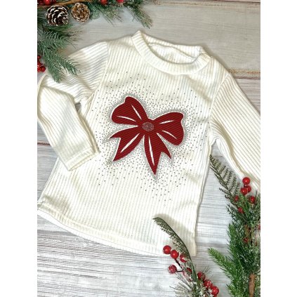 Dievčenské vrúbkované tričko s mašľou a kamienkami (Veľkosť 128/134, Farba Biela)