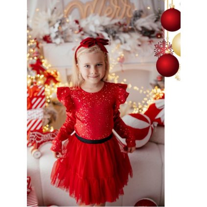 Dievčenské vianočné tričko so zlatými trblietkami a volánikmi (Veľkosť 128, Farba Červená)