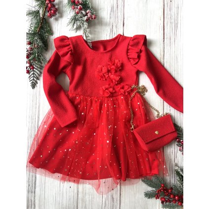 Dievčenské vianočné šaty s kabelkou (Veľkosť 146/152, Farba Červená)