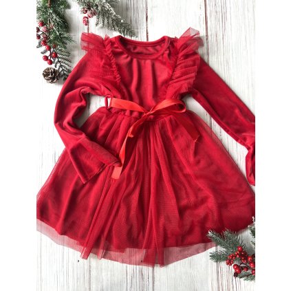 Dievčenské vianočné šaty s tylom (Veľkosť 152/158, Farba Červená)