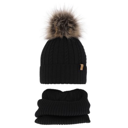 Zimná čiapka MERINO s huňatým brmbolcom a nákrčníkom (Veľkosť UNI, Farba Čierna)