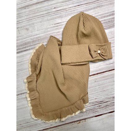 Bavlnená dievčenská čiapka s nákrčníkom - Béžová (Veľkosť UNI)