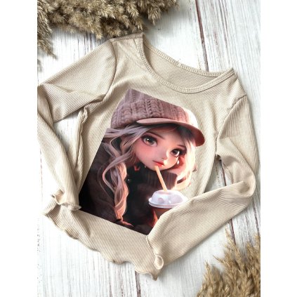 Dievčenské tričko s dlhým rukávom - Béžová (Veľkosť 152/158)