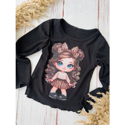 Dievčenské tričko s bábikou - Čierna (Veľkosť 152/158)