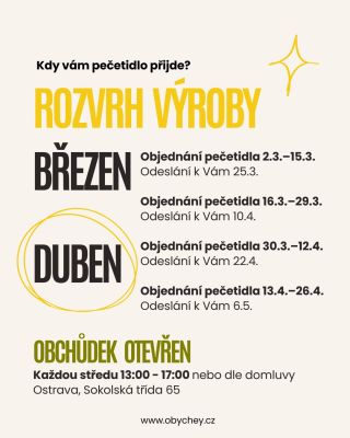 BŘEZEN A DUBEN - Jaro s @obychey Jak dlouho trvá výroba a kdy vám pečetidlo přijde? Vyrábím podle tohoto rozvrhu, vždy...