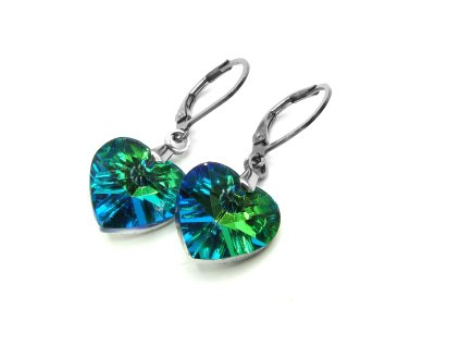 dámské náušnice swarovski srdce z chirurgické oceli swarovski srdce náušnice zelené modré chirurgická ocel