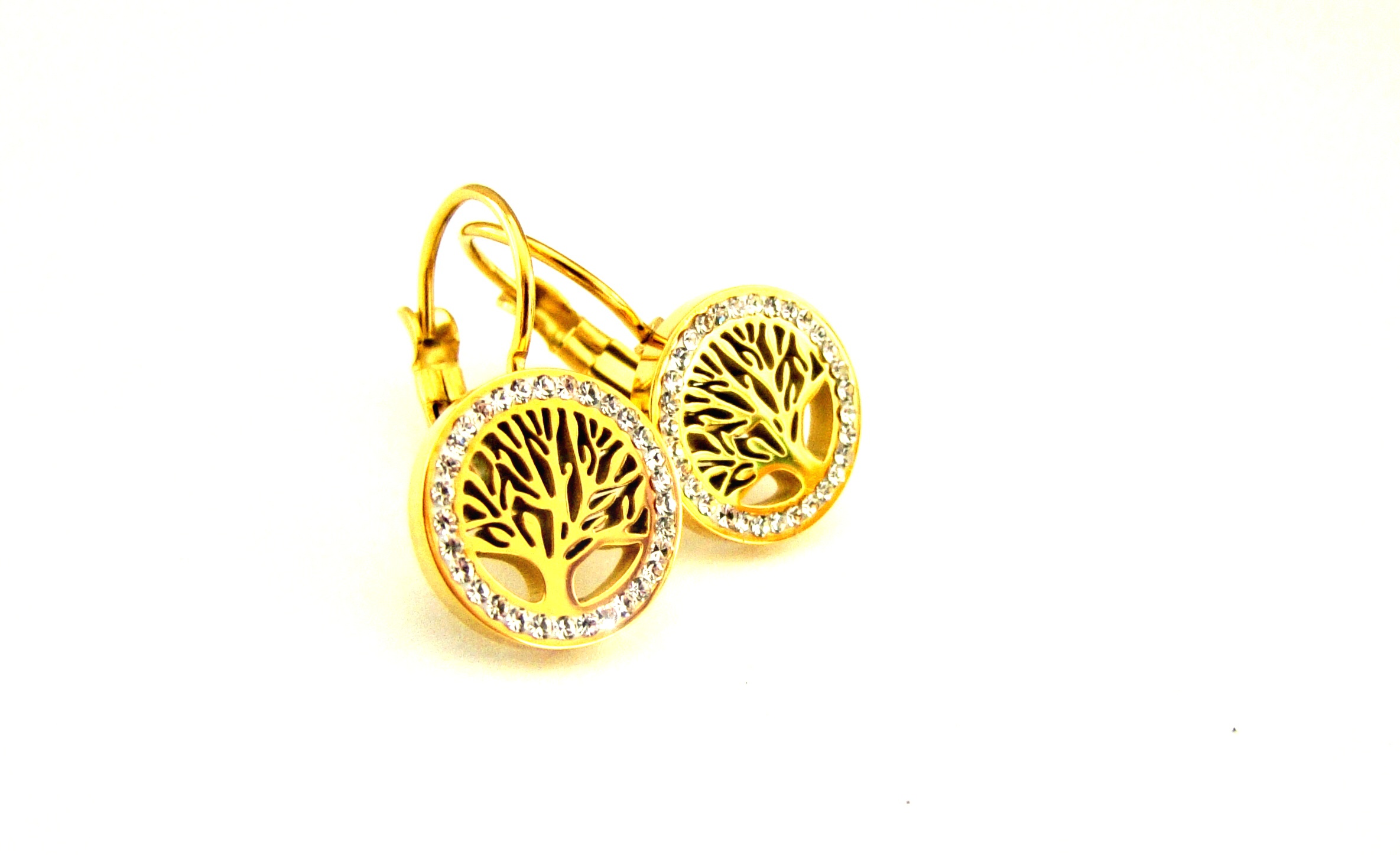 Steel Jewelry Náušnice strom života gold s krystalky z chirurgické oceli NS150111