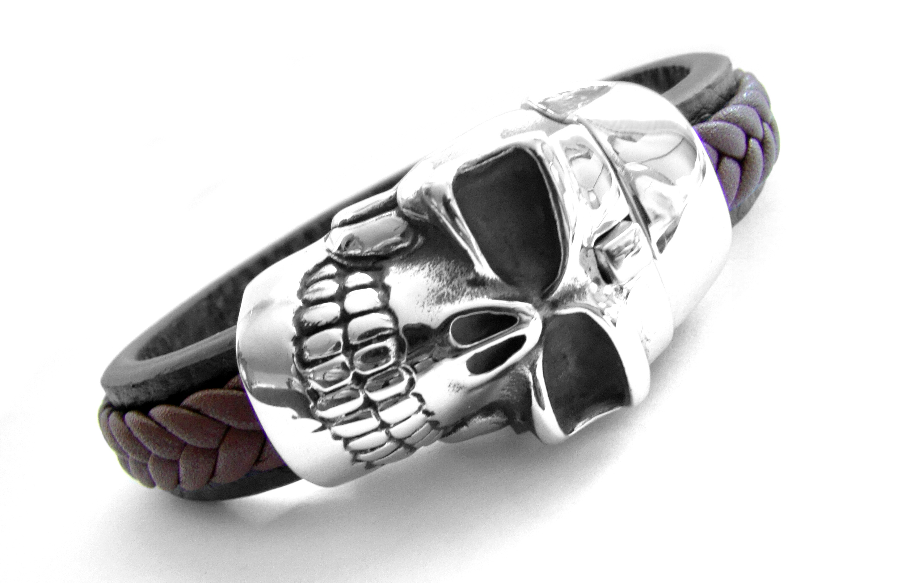 Steel Jewelry Náramek lebka kožený s kombinací chirurgické oceli NR180419