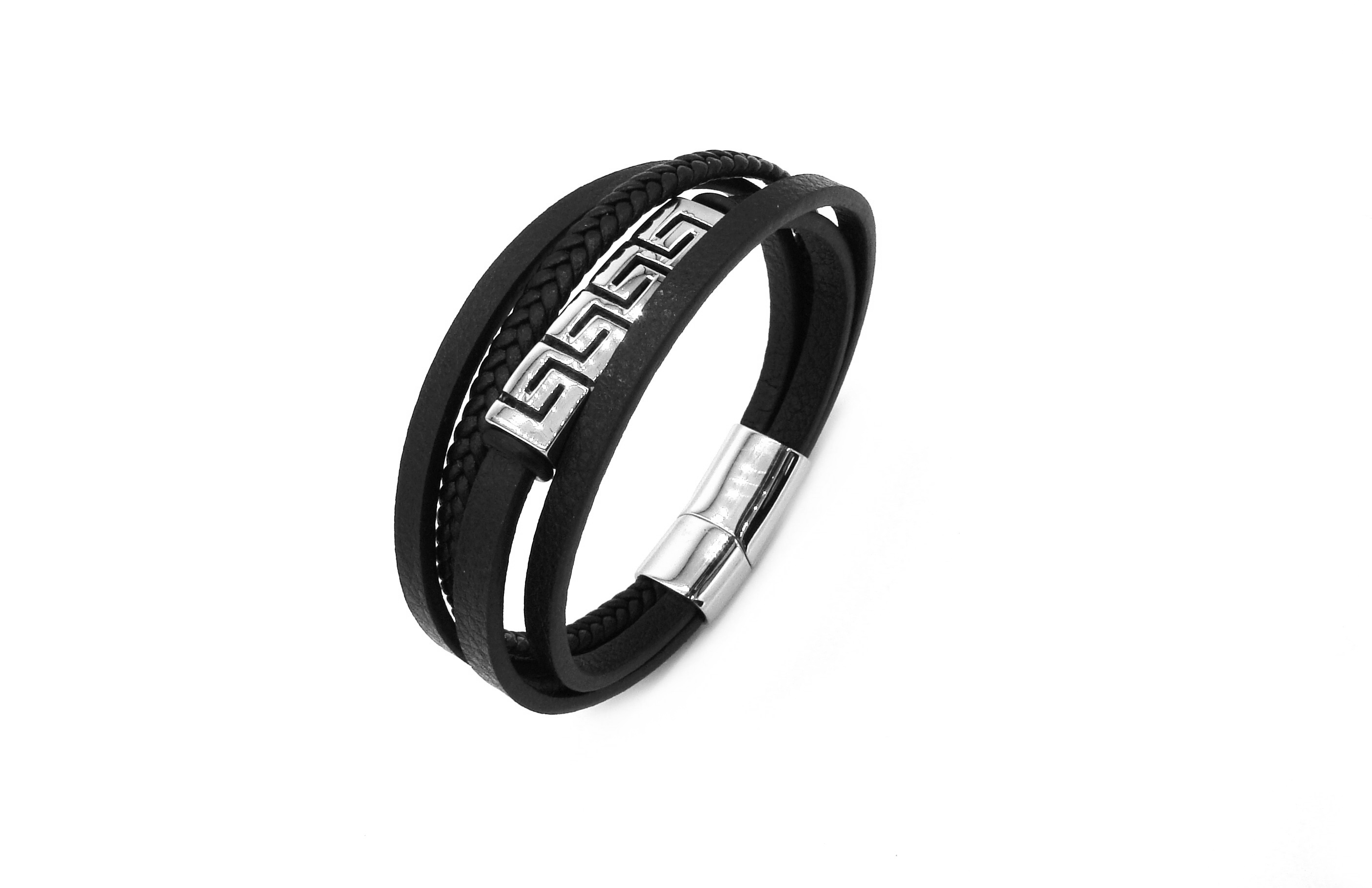 Steel Jewelry Náramek pánský černý kožený s kombinací chirurgické oceli NR230903