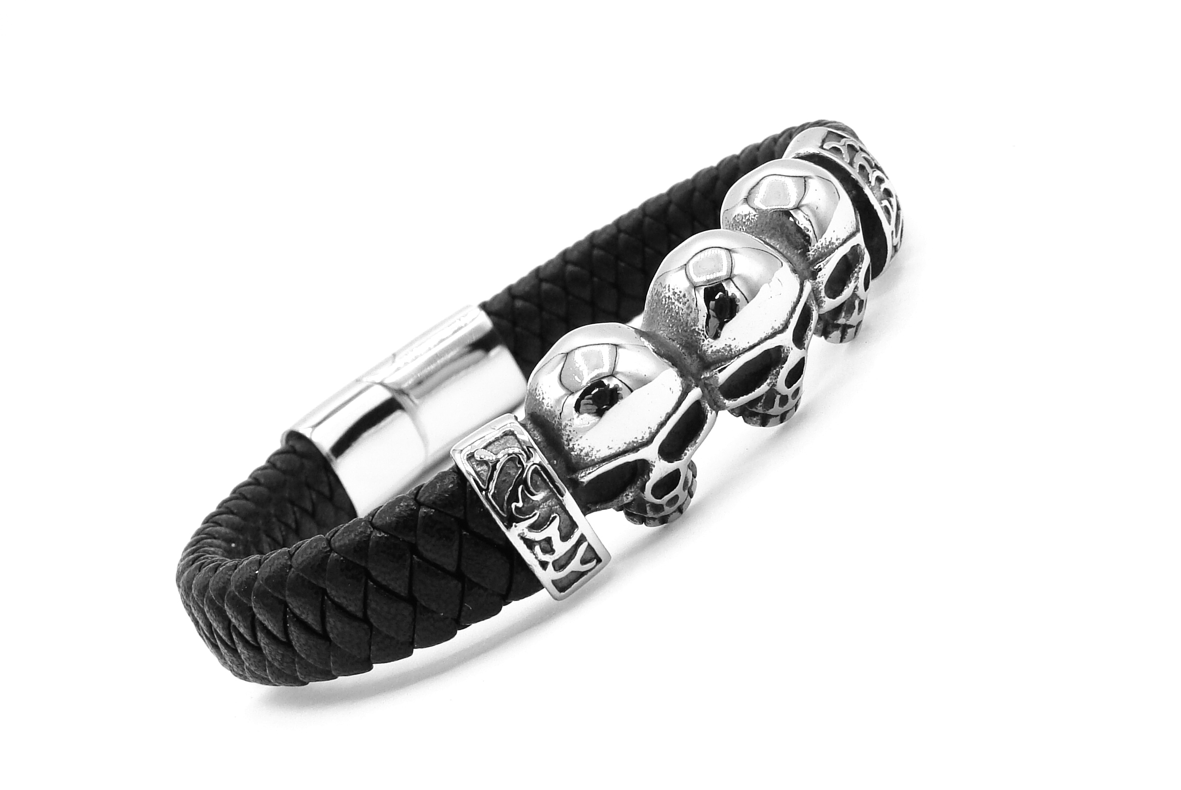 Steel Jewelry pánský černý kožený náramek s kombinací chirurgické oceli lebky 231025