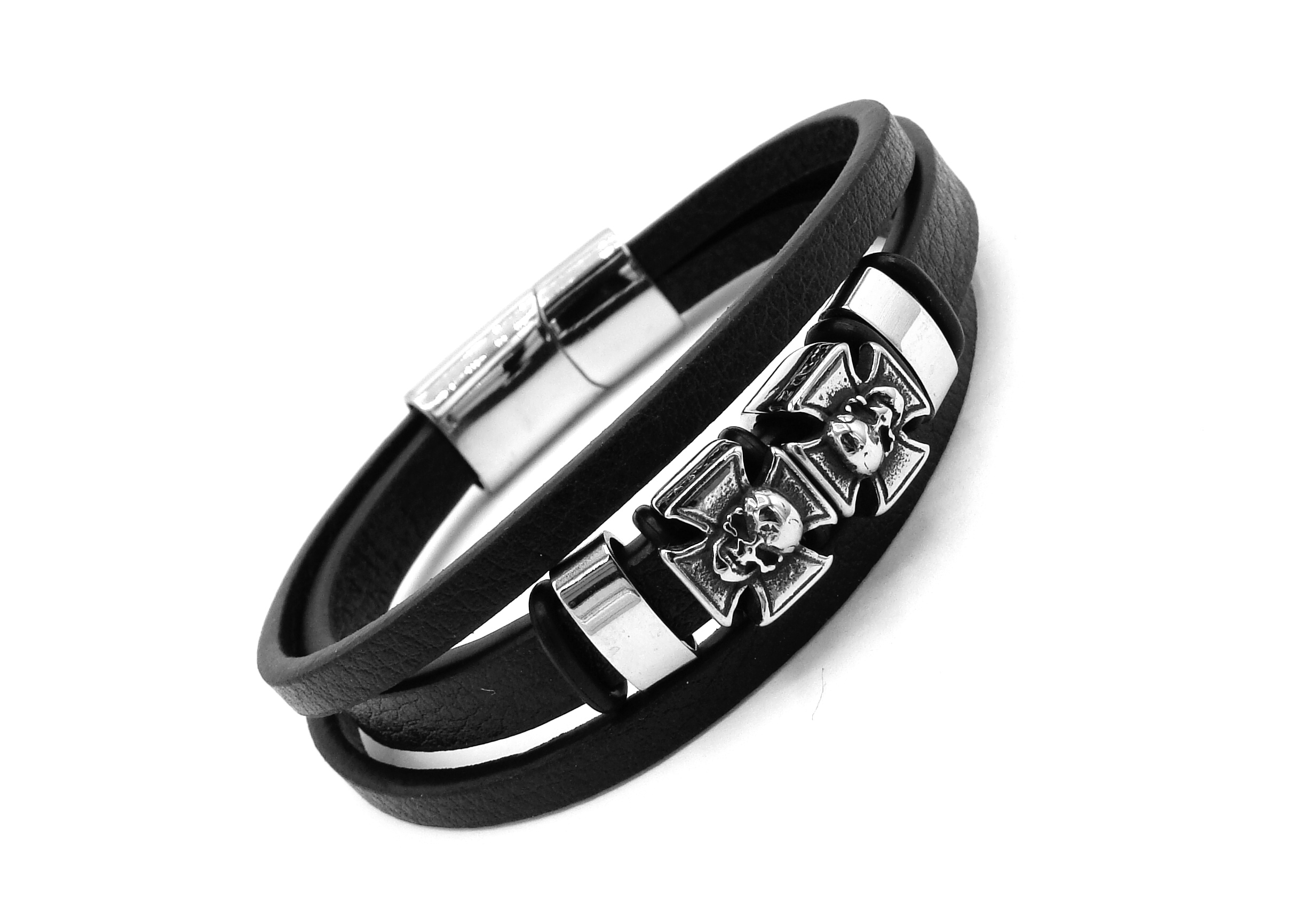 Steel Jewelry Náramek pánský černý kožený s kombinací chirurgické oceli lebky NR231029