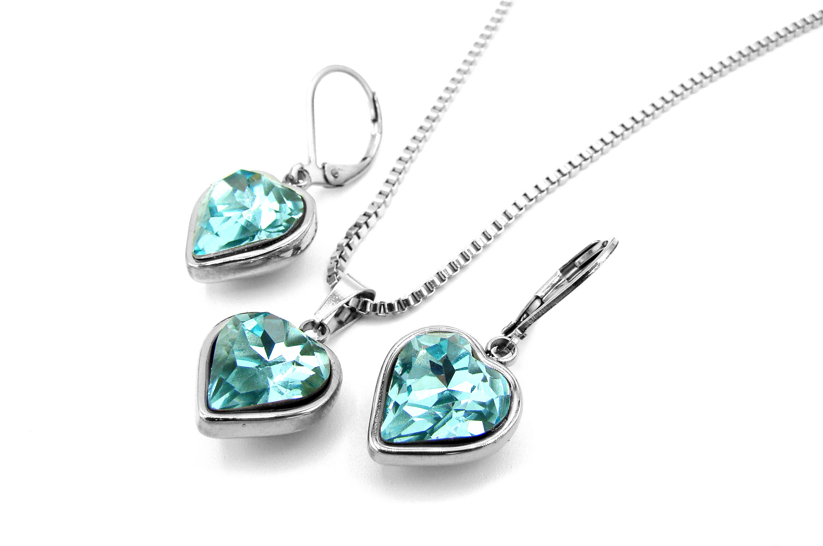 Steel Jewelry souprava náhrdelník a náušnice SRDCE TYRKYSOVÉ Chirurgická ocel SET231140