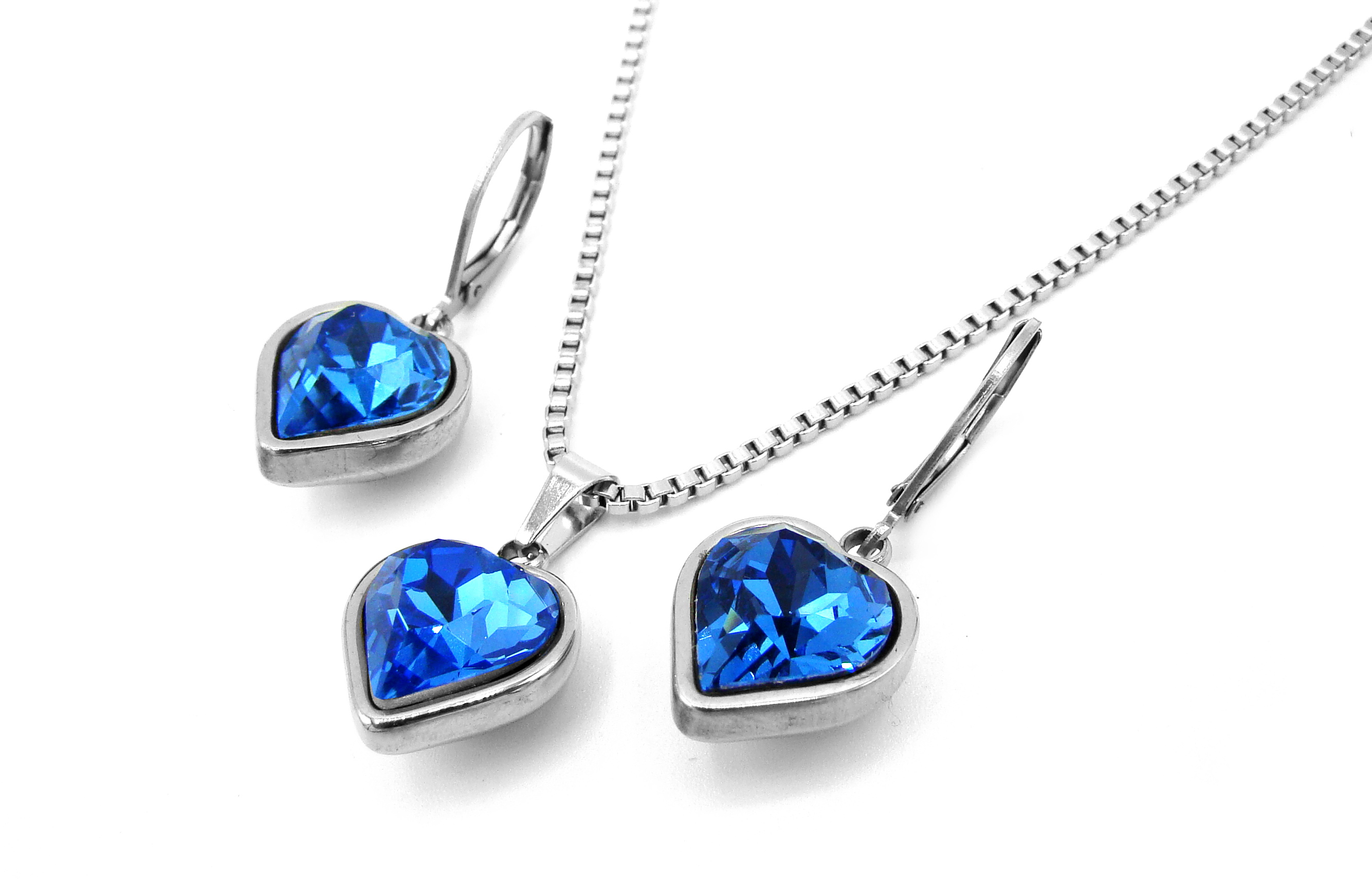 Steel Jewelry souprava náhrdelník a náušnice SRDCE MODRÉ Chirurgická ocel SET231141