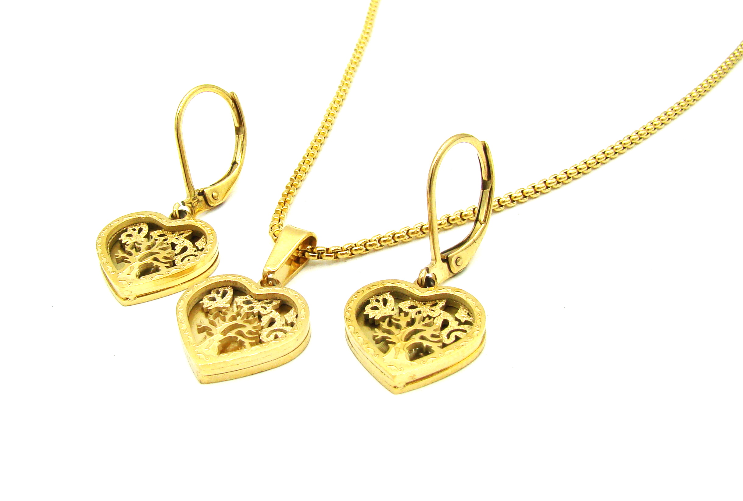 Steel Jewelry NSouprava Náušnice a Náhrdelník SRDCE STROM ŽIVOTA GOLD Chirurgická ocel SET241272 ocelovéšperky1