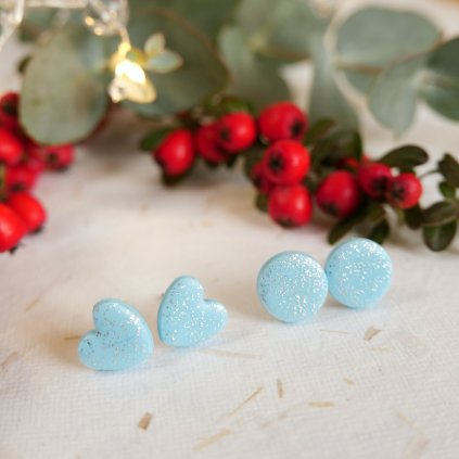 nausnice pecky antialergicke vanocni stribrne srdce trpytive modre jinovatka