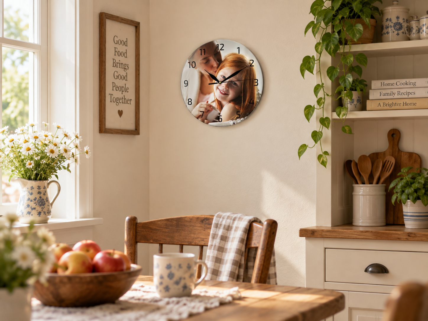 Hodiny s vlastní fotografií v útulné kuchyni