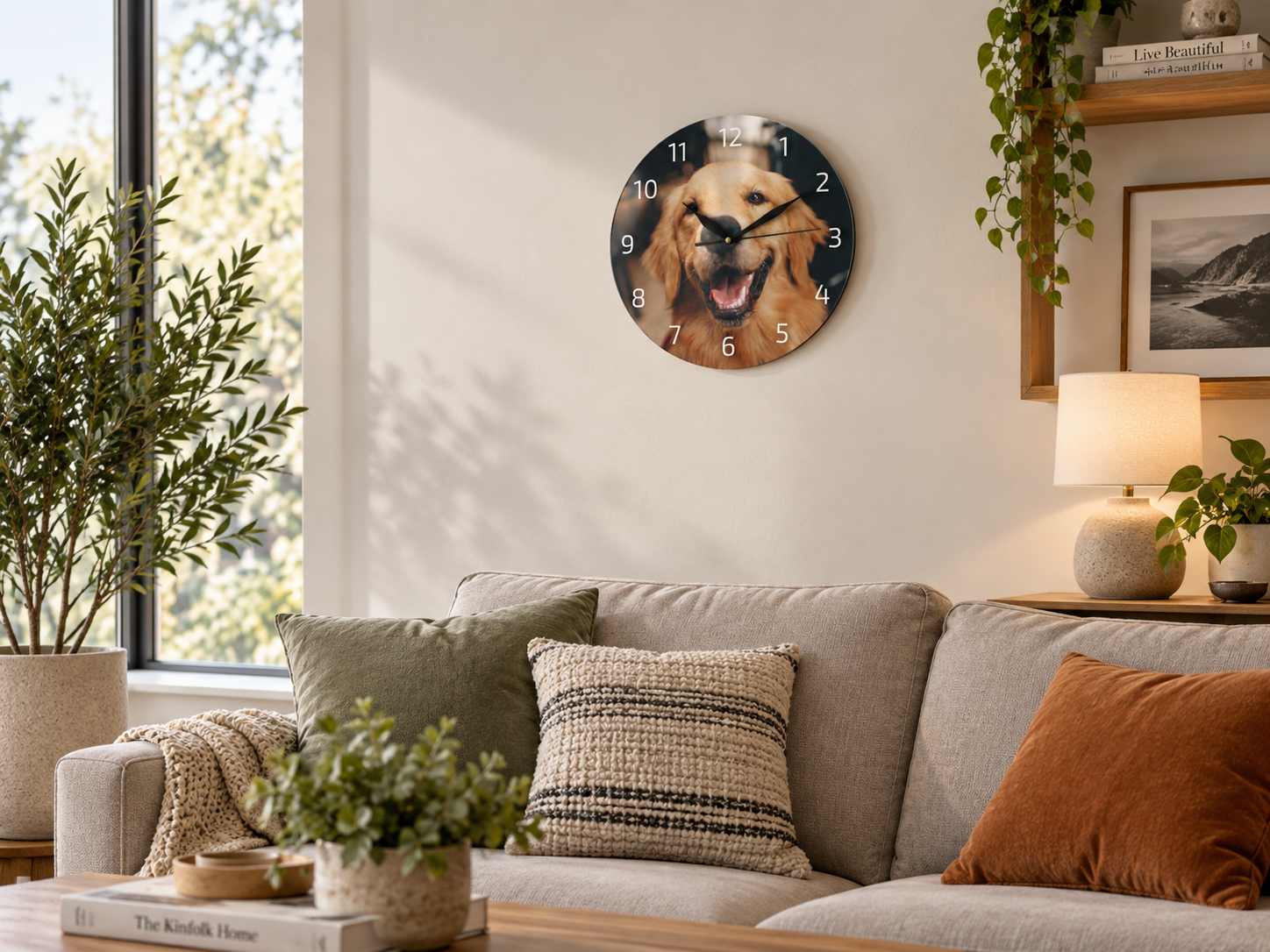 Hodiny s vlastní fotografií v moderním obývacím pokoji
