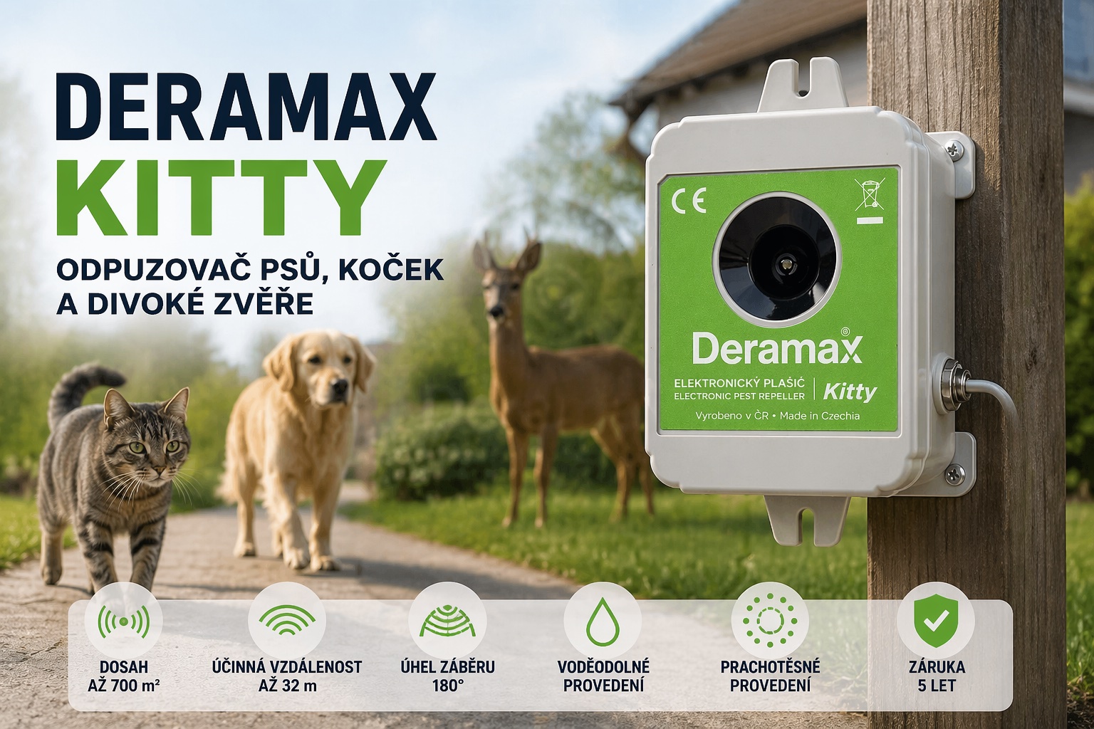 Deramax KITTY: účinný odpuzovač psů, koček a divoké zvěře pro zahradu i okolí domu