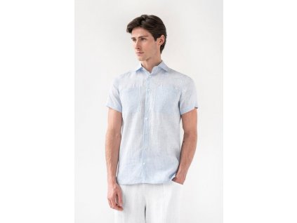Lněná košile PORTLAND s krátkým rukávem v proužkované modré