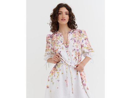 Lněné šaty VILNIUS s nafouklými rukávy v světle fialové barvě