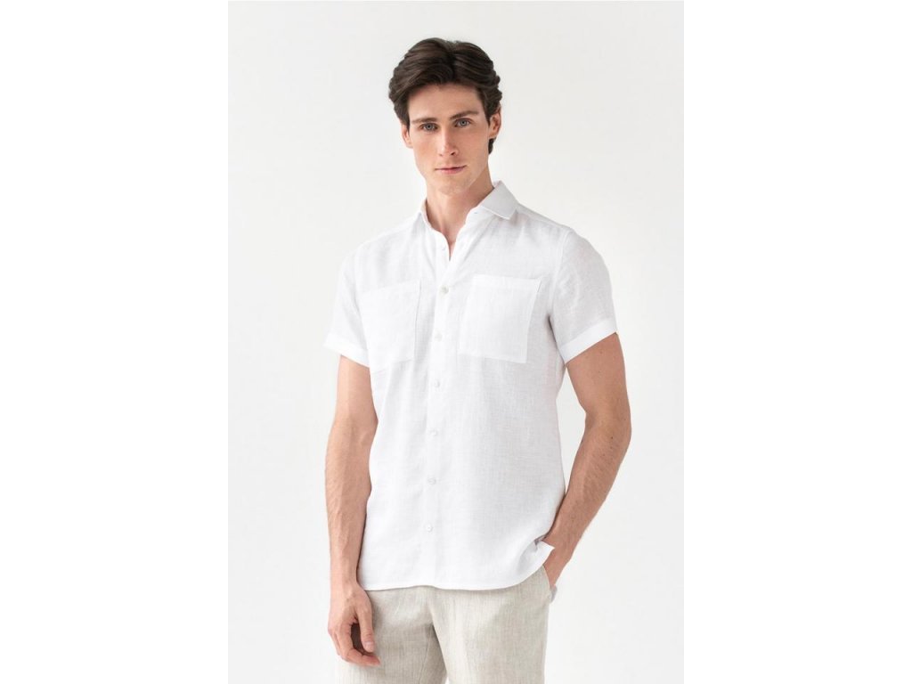 Ľanová košeľa PORTLAND s krátkym rukávom v bielej farbe