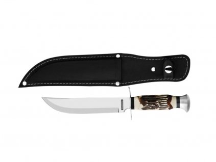 Lovecký nôž OUTDOOR 15 cm v koženom obale, čierna/blister