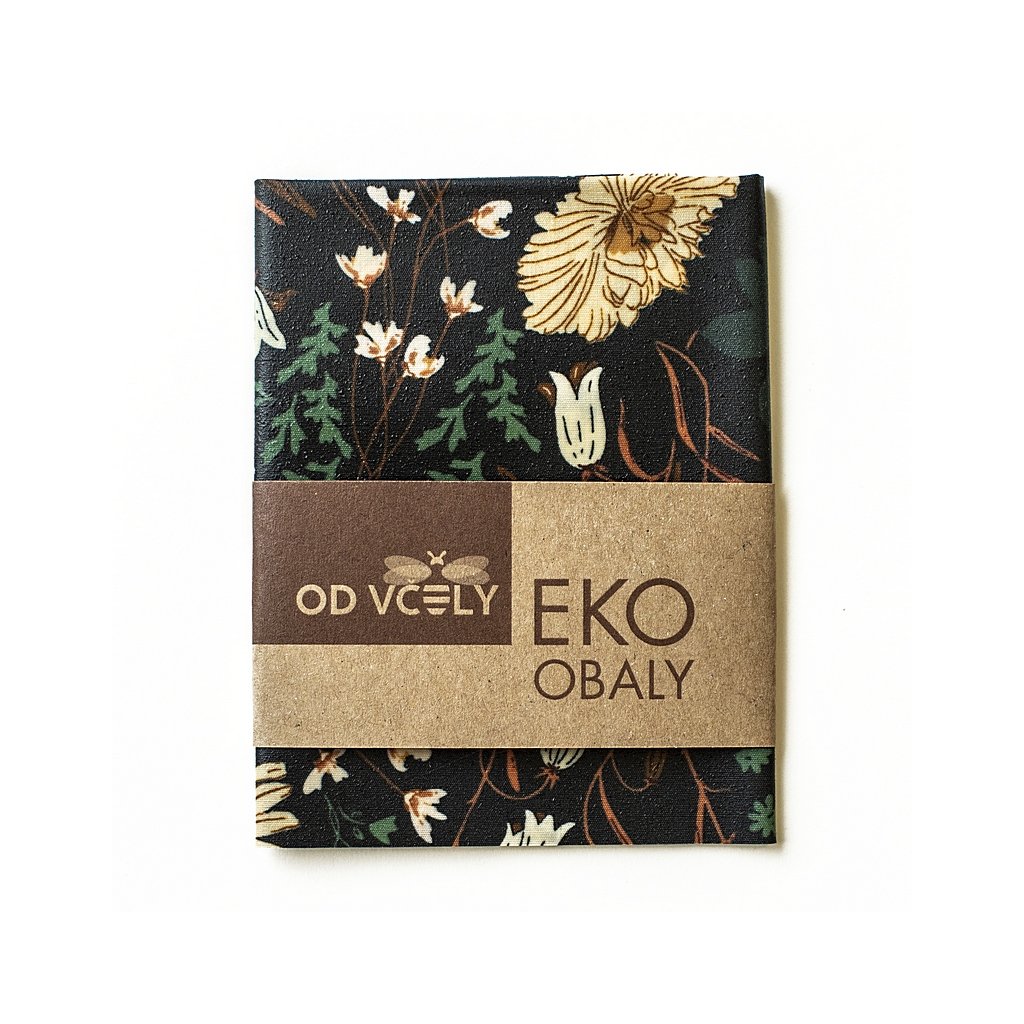 Voskový obrúsok na potraviny s tmavým podkladom a motívom suchých kvetov – ekologický produkt Od včely