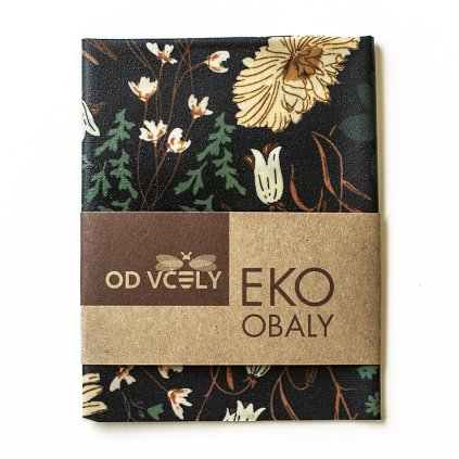 Voskový obrúsok na potraviny s tmavým podkladom a motívom suchých kvetov – ekologický produkt Od včely