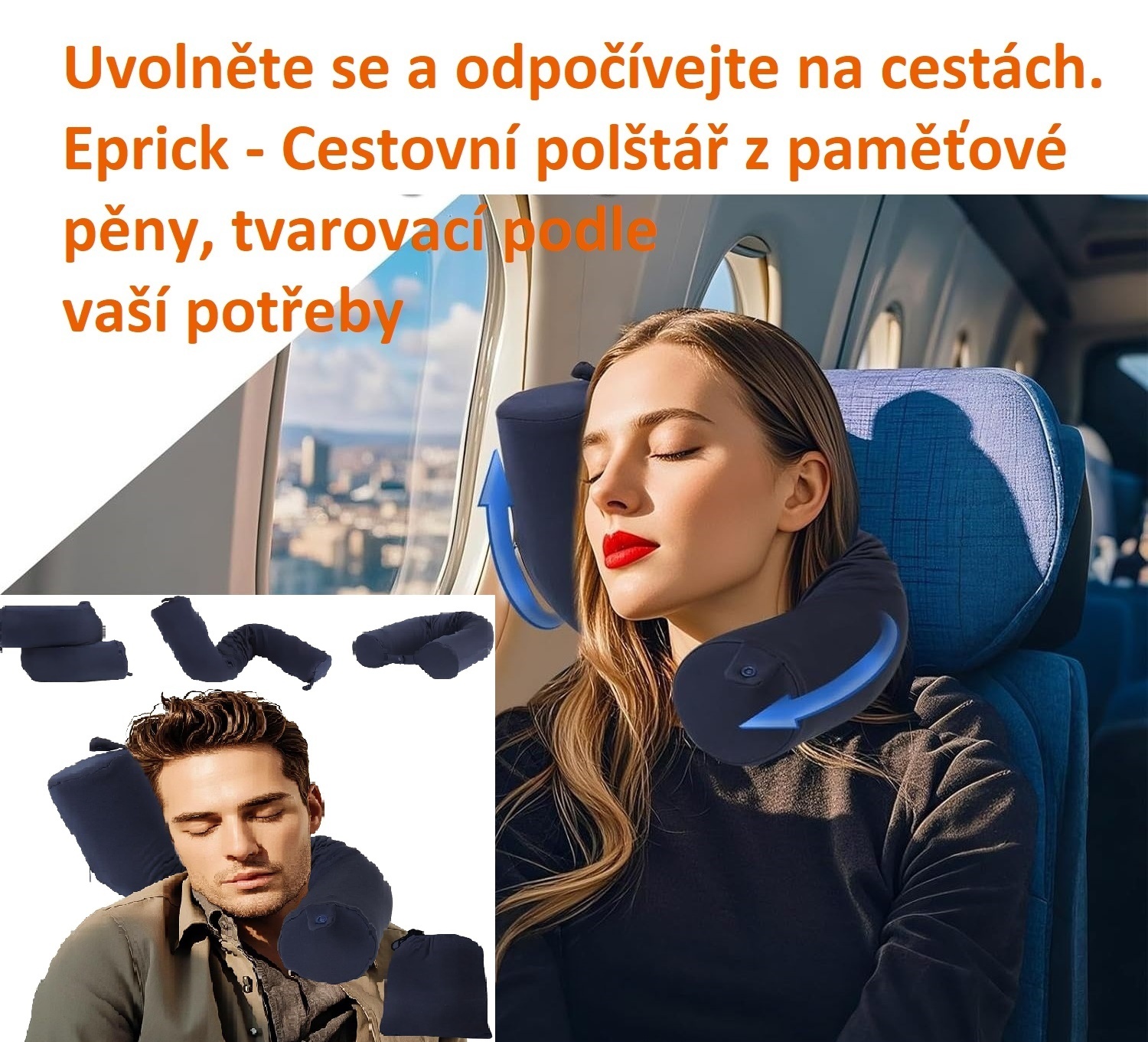 Eprick - Cestovní polštář pod šíji, tvarovací podle potřeby z paměťové pěny