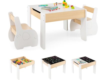 Coswa sada 4 v 1 Dětský stůl se 2 židlemi s odnímatelnou stolní deskou a úložným prostorem pro předškoláky od 3 let 1