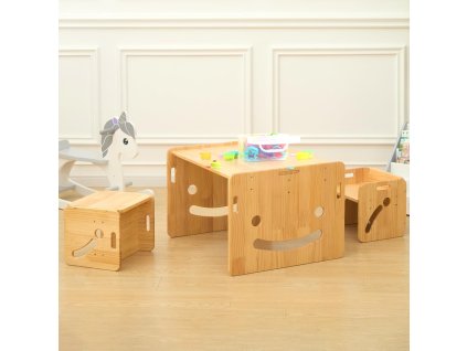 Fuli Montessori sada výškově nastavitelného stolu s 2 židlemi z masivního dřeva pro předškoláky od 3 let 1